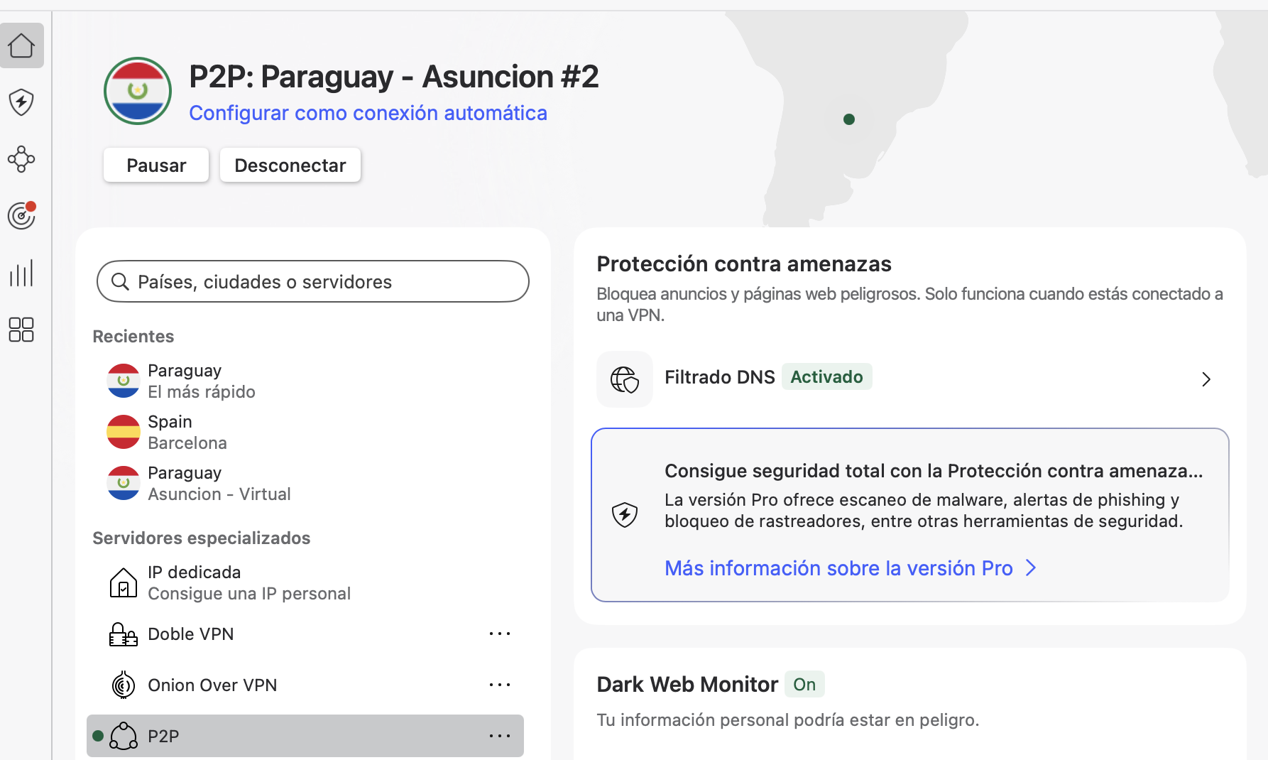 NordVPN en macOS — servidor P2P Paraguay Asunción, IP dedicada y Dark Web Monitor activo