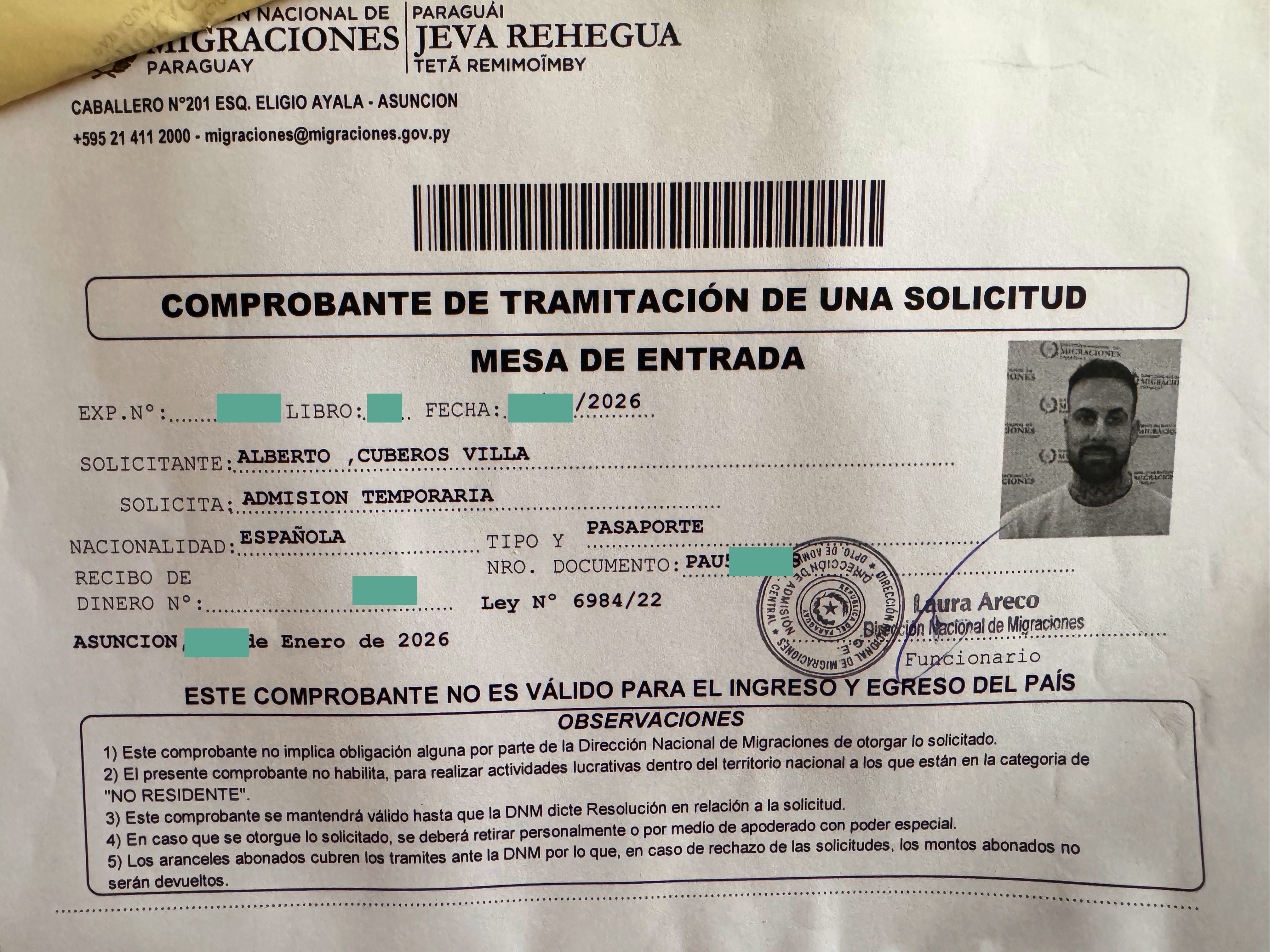 Comprobante de tramitación de solicitud de admisión temporal en Migraciones Paraguay