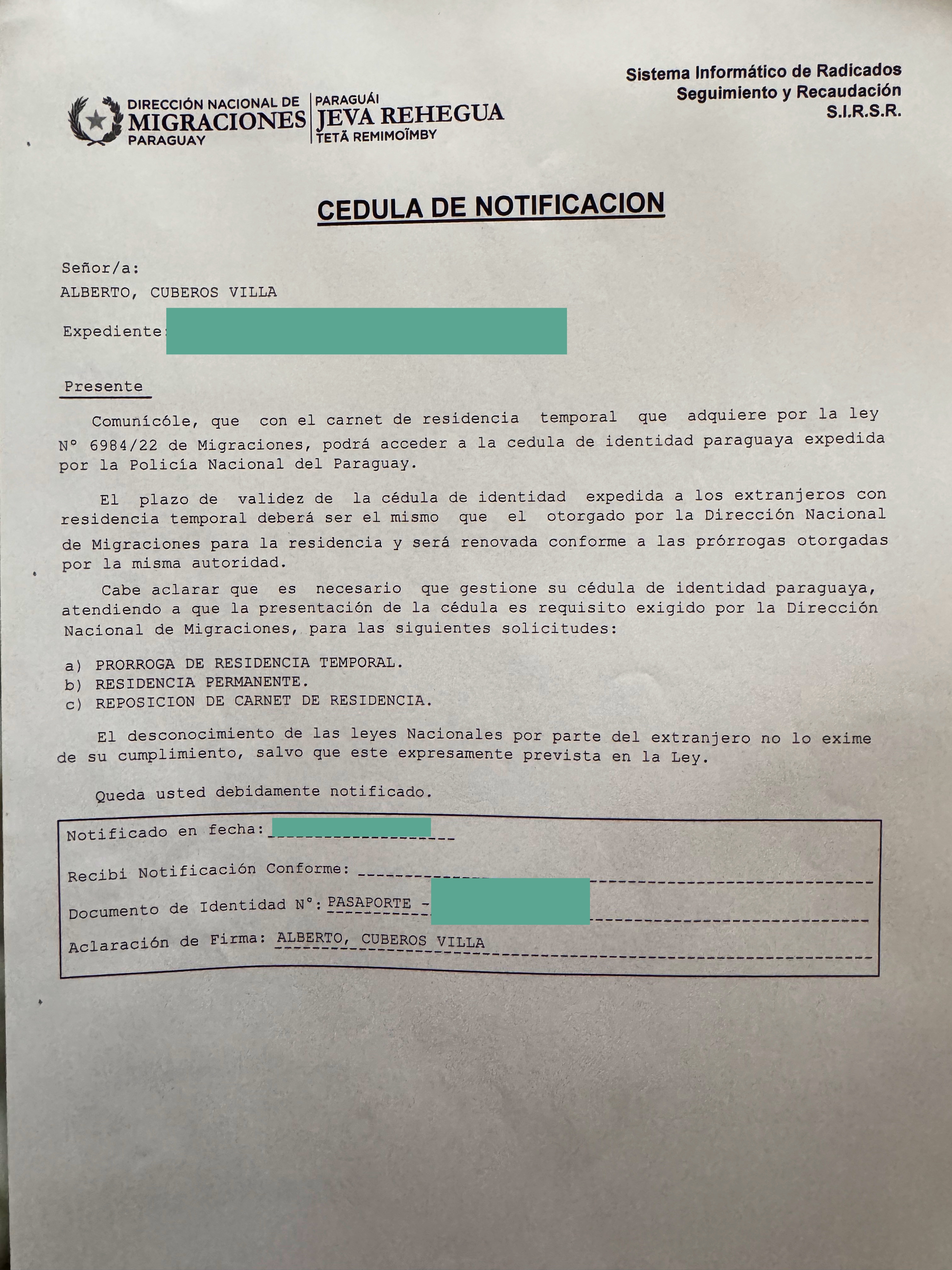 Cédula de Notificación de Migraciones Paraguay emitida a Alberto Cuberos