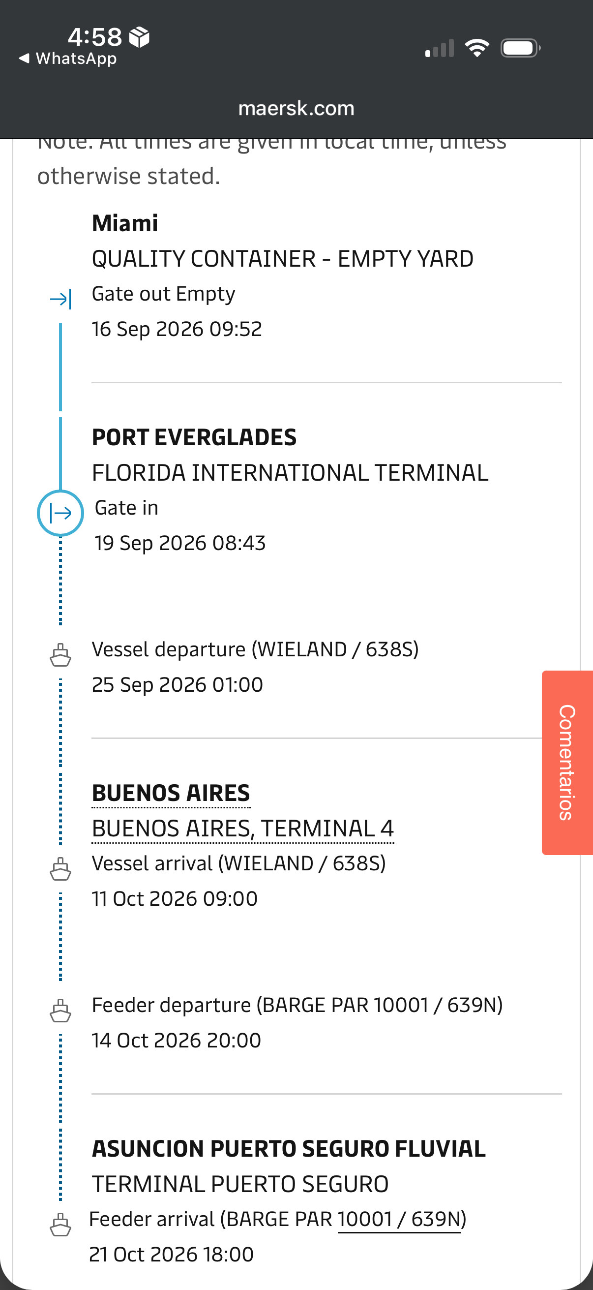 Captura del seguimiento del envío entre Miami, Buenos Aires y Asunción